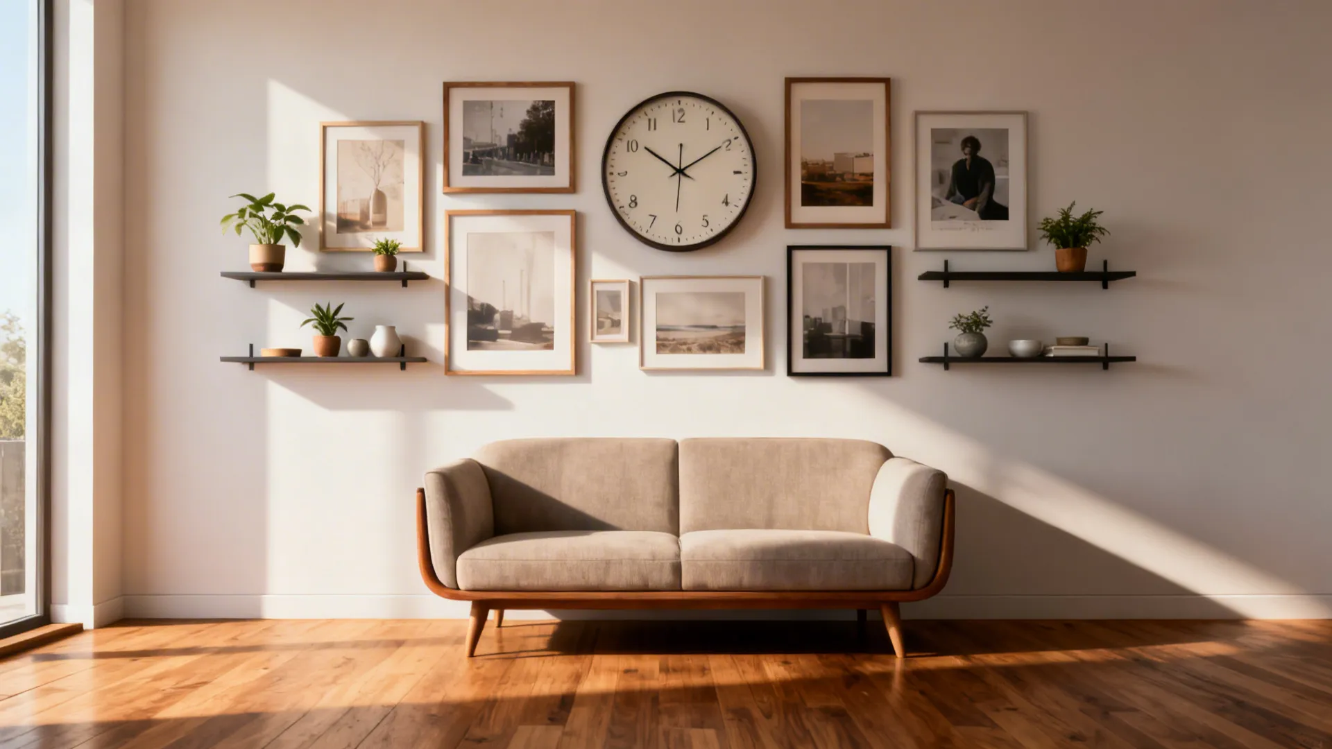 Beige sofa under a gallery wall featuring a central clock, several framed pictures, and plants