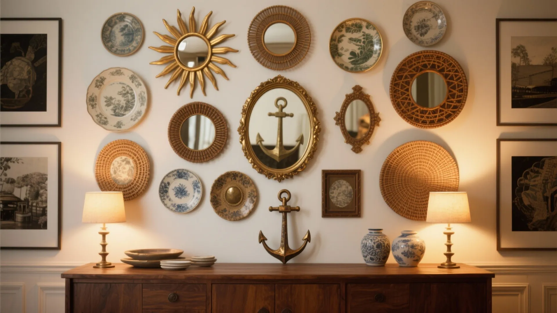 Curated cluster of assorted decorative mirrors above a buffet with ceramics and warm textured accents.