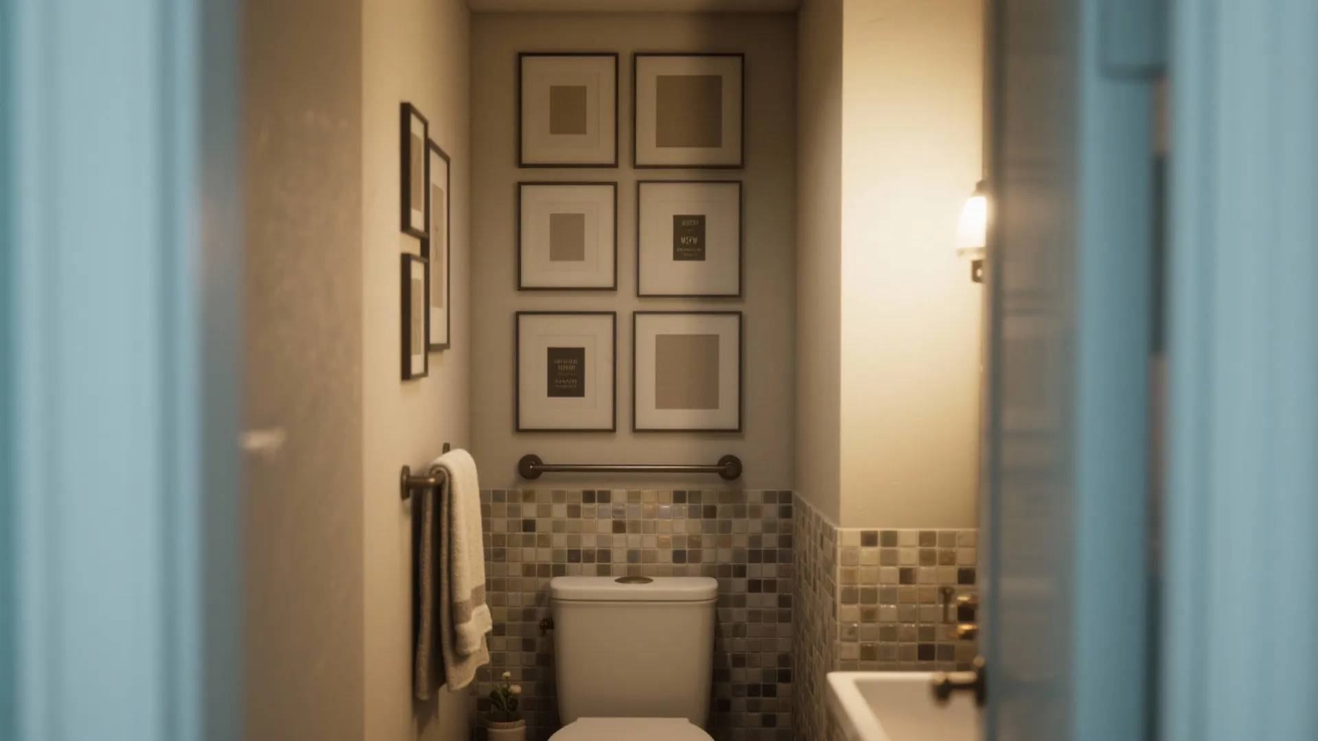 Tip 3: Small gallery cluster above the towel bar