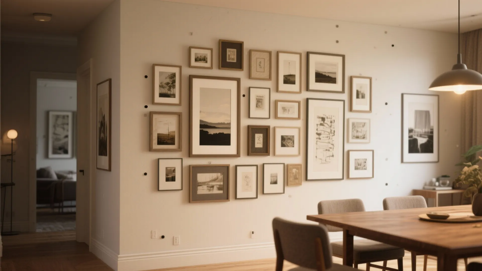 Gallery wall with framed pictures next to dining table and a modern black metal light