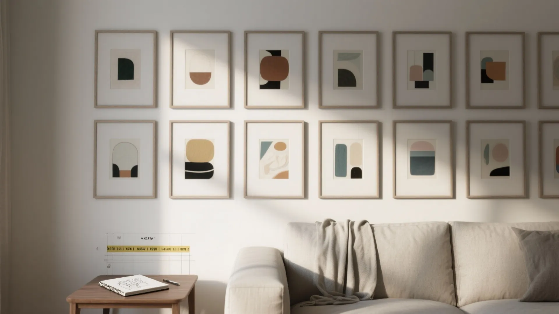 Grid of twelve framed abstract art pieces hanging above a light grey sofa in livingroom