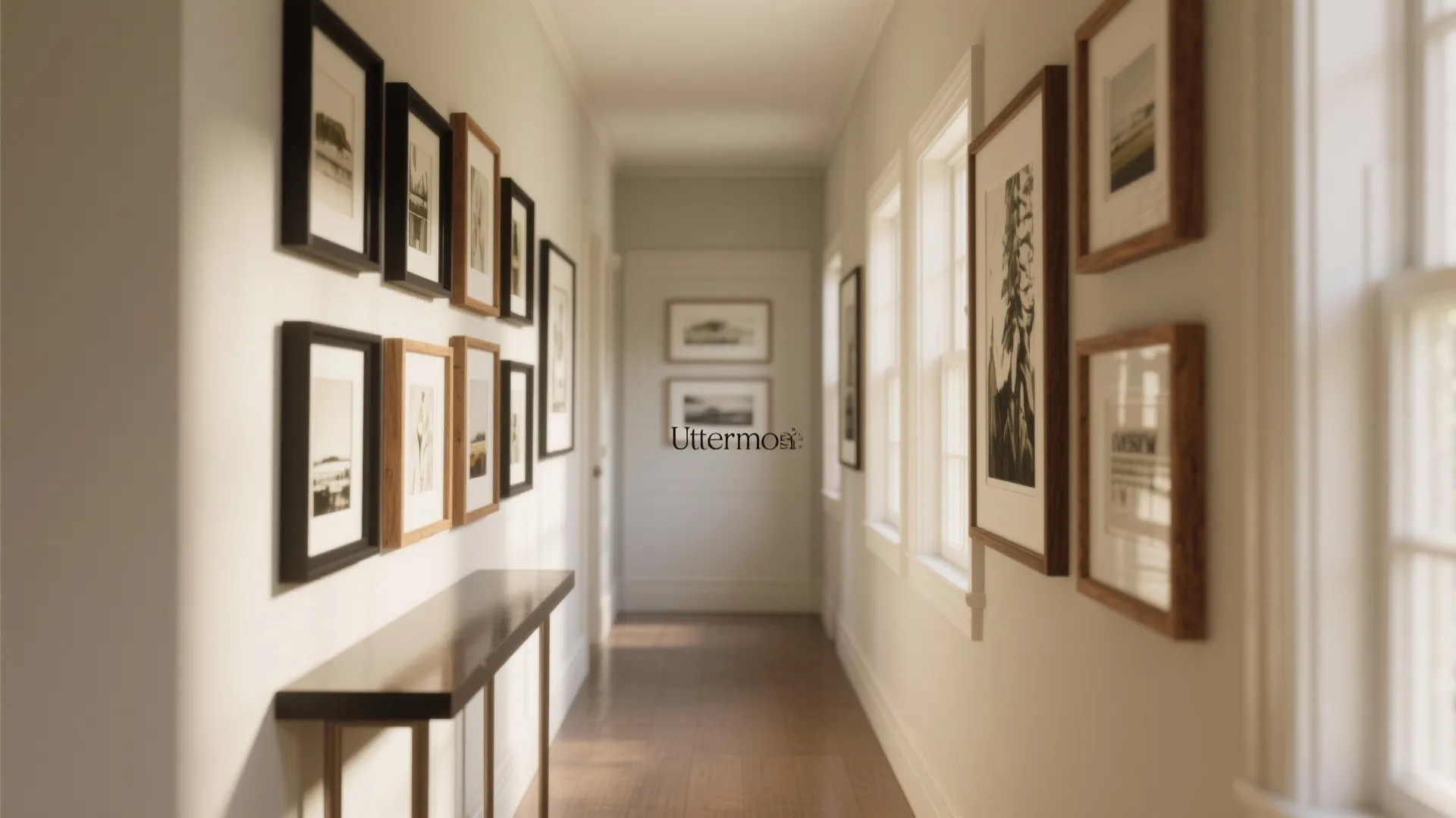 Narrow hallway with a gallery-style cluster of Uttermost frames arranged with even spacing above a slim console.