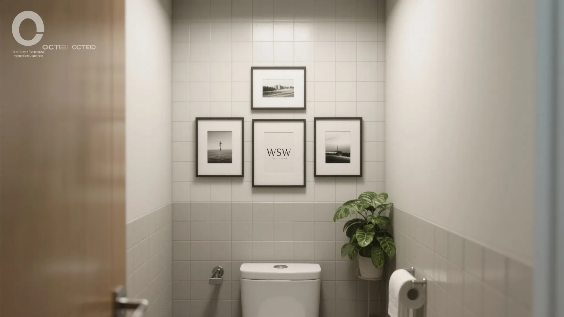 Modern bathroom with white wall tiles four framed pictures a green plant and white toilet