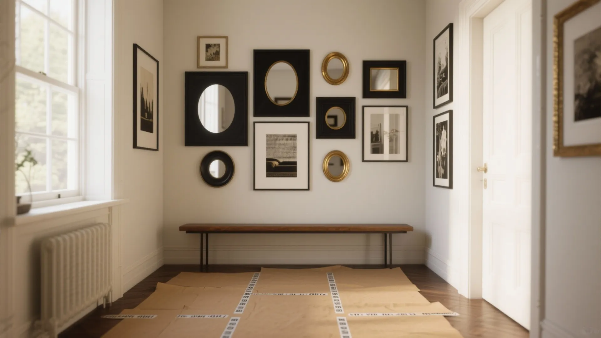 2. Gallery cluster mixing matte black frames and gold mirrors
