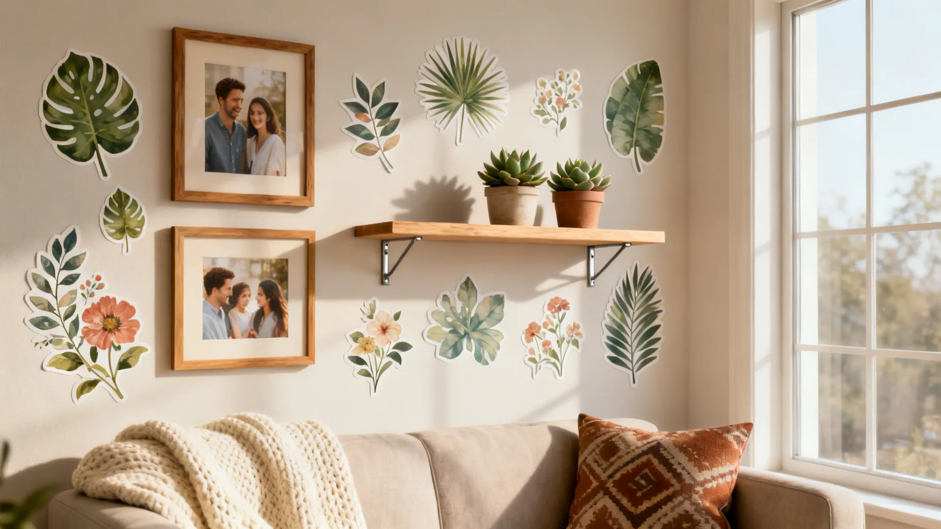 Faux gallery wall of botanical peel-and-stick decals mixed with framed photos in a small living room.