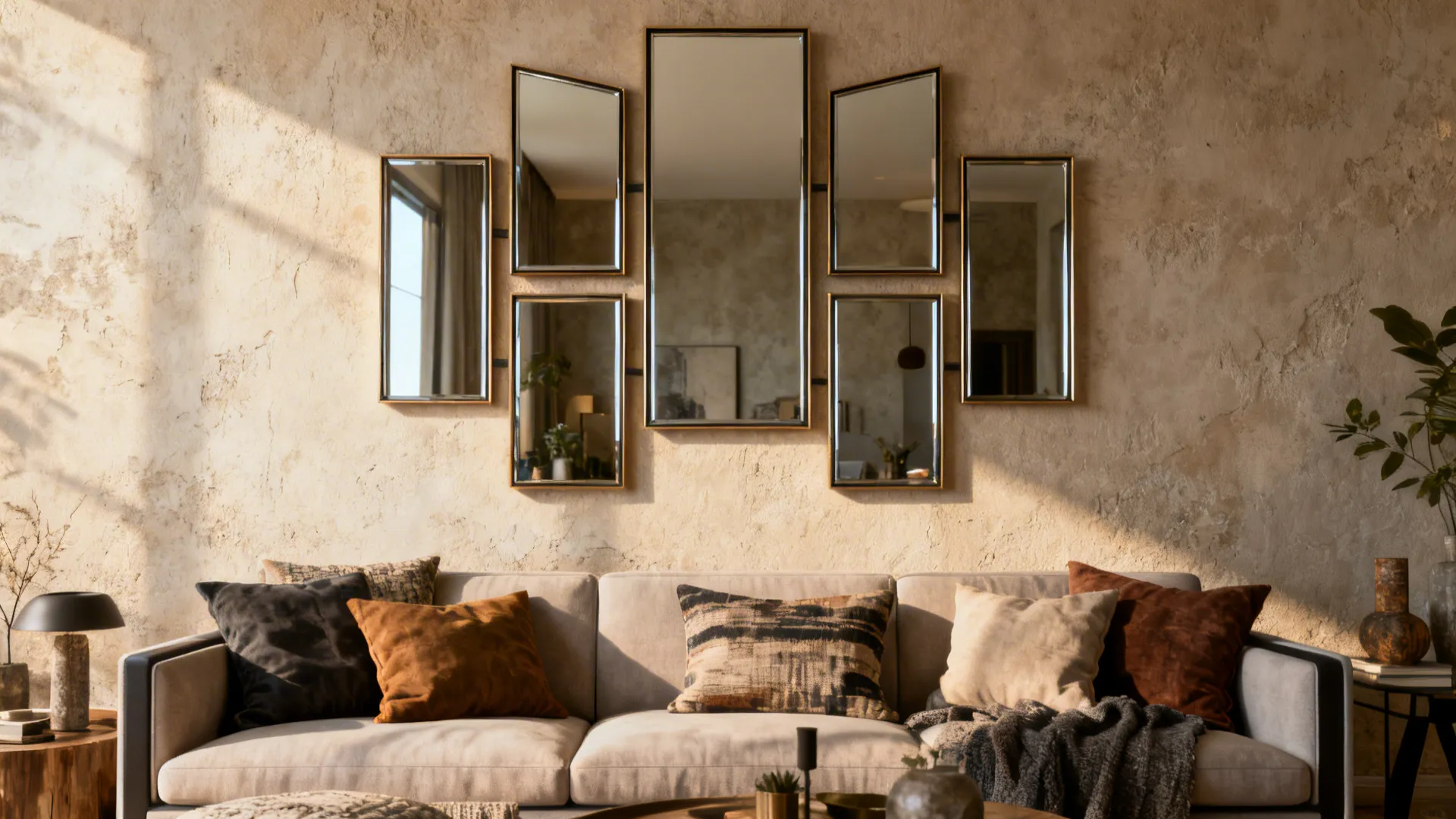 Gallery-style cluster of large mirrors with varied frames creating a dramatic focal wall above a sofa