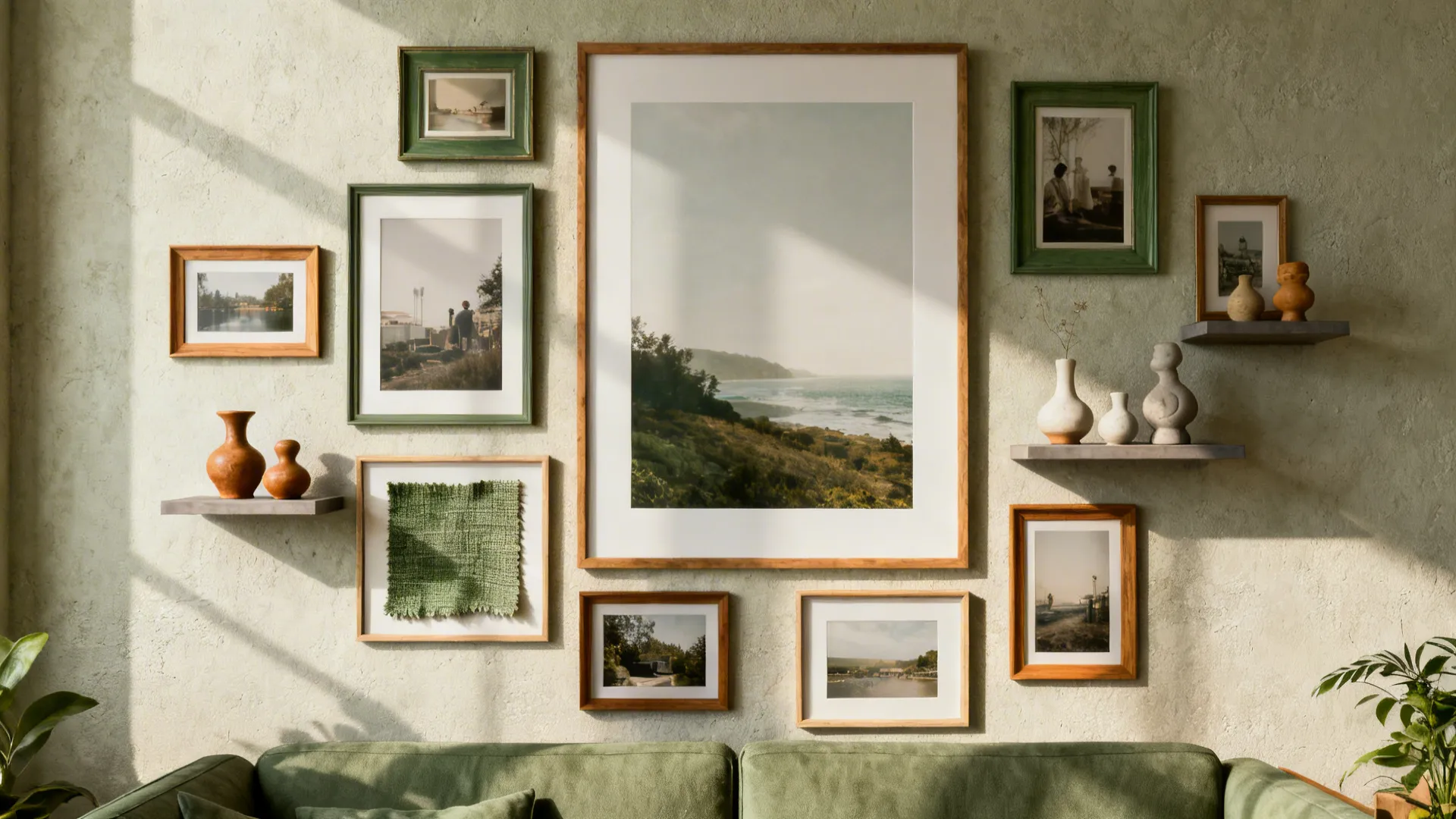 Gallery-style cluster with framed photos, floating shelves and a textile piece on a small living room wall.