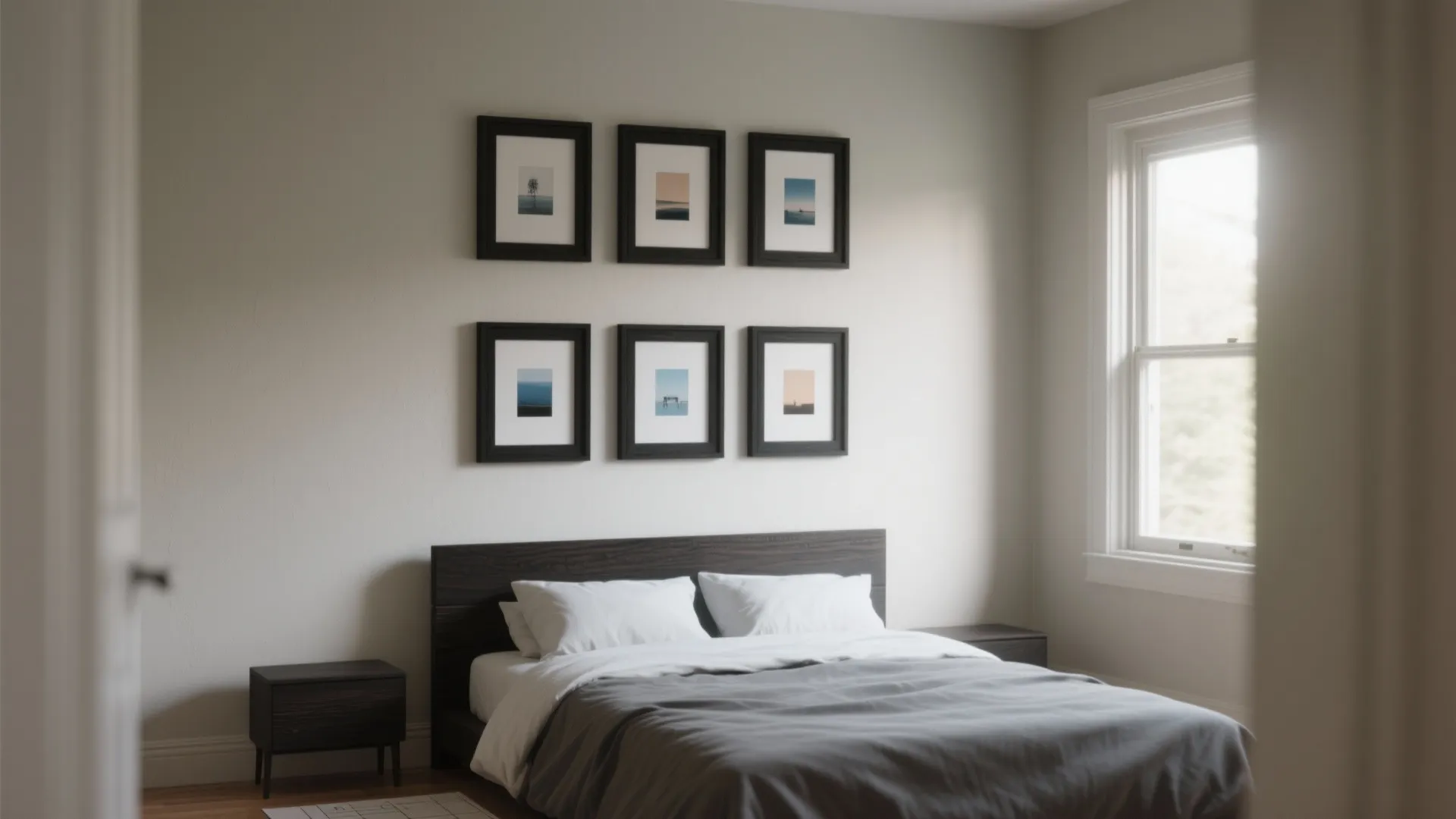 Minimalist bedroom with dark wood bed frame and six small framed pictures arranged in rows