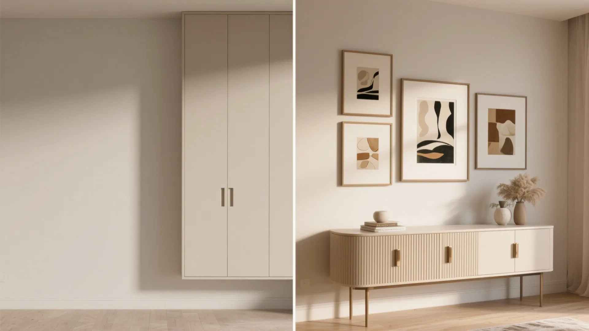 5. Gallery wall with slim console and hidden cabinets