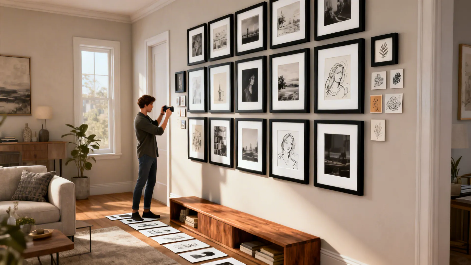Cohesive gallery wall of matching black frames with white mats arranged above a slim console in a small living room.