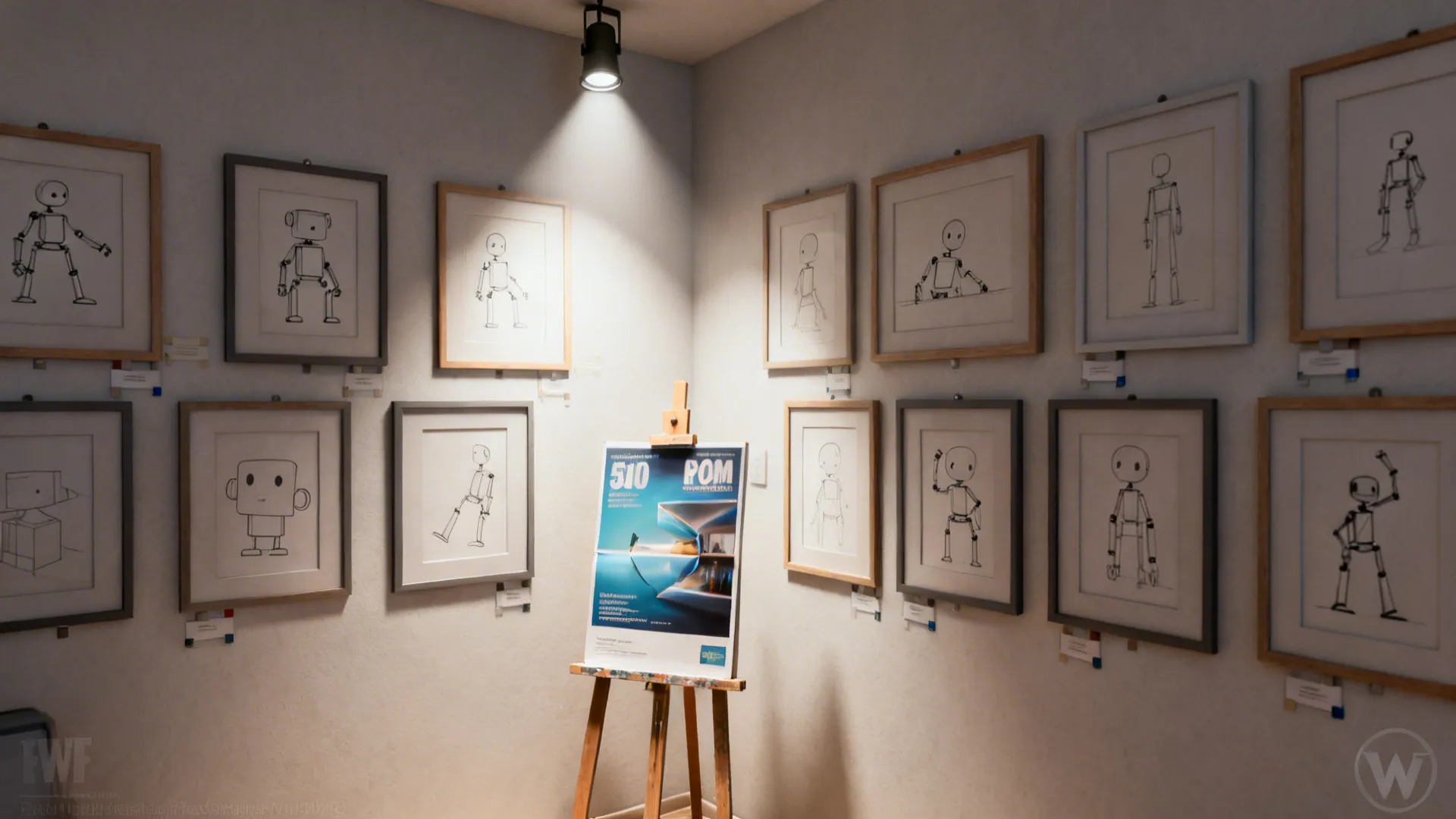 Curated gallery corner with framed animatronic sketches and a small easel for rotating posters.