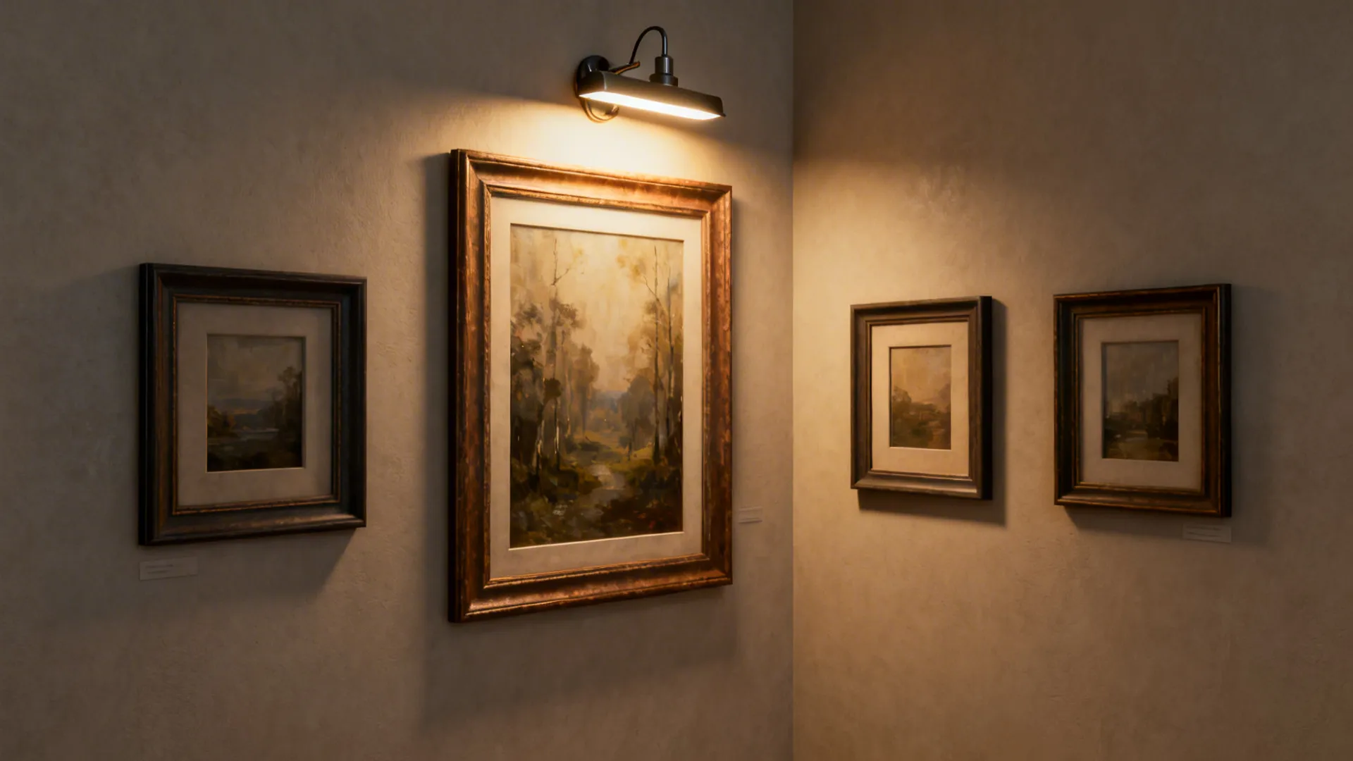 Classic gallery corner with framed landscape art on textured walls lit by a wall light