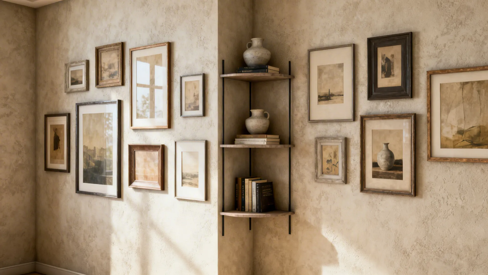 5. Gallery Wall with Corner Display Shelves