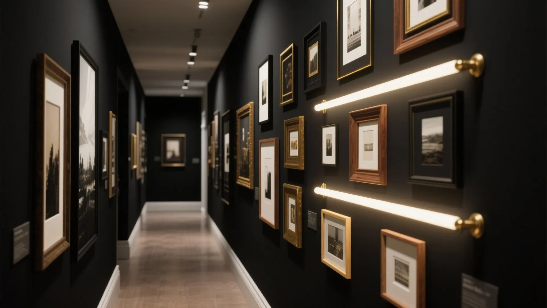 Curated dark gallery wall with black, brass, and walnut frames lit by slim picture lights.