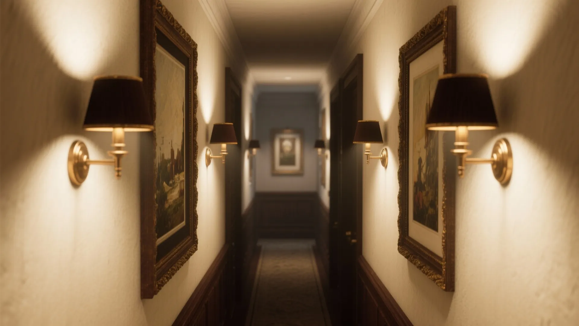 Narrow hallway with antique brass directional wall lights illuminating framed artwork.