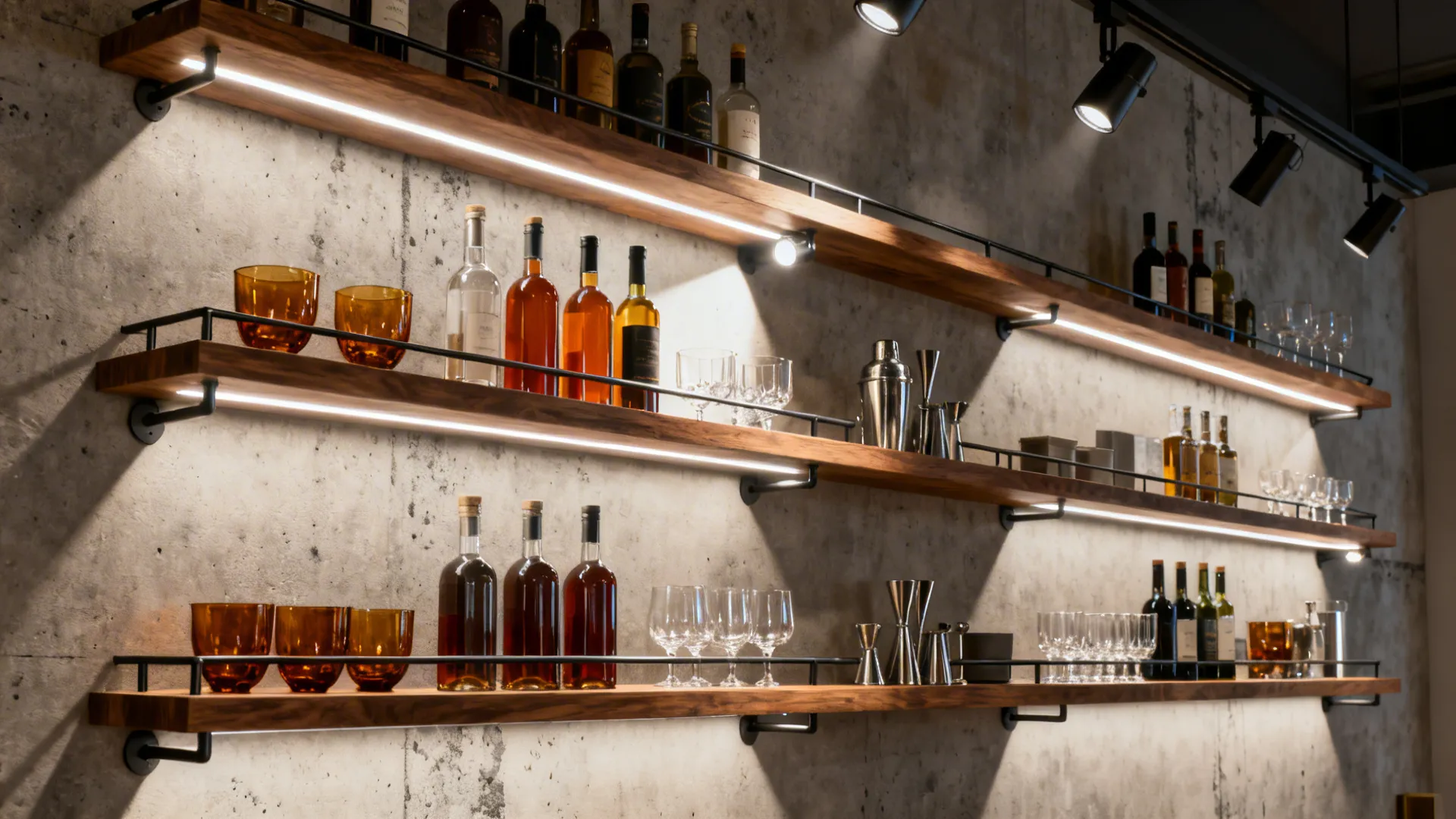 Gallery-style display wall with staggered shelves, bottles, glassware and dramatic spot lighting.