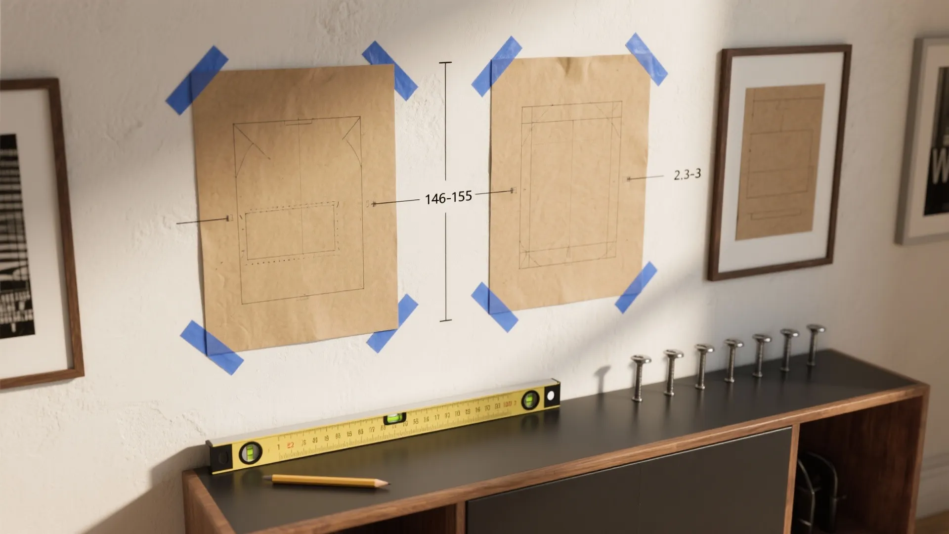 Wall display planning with paper templates blue tape measurement lines and a yellow level tool