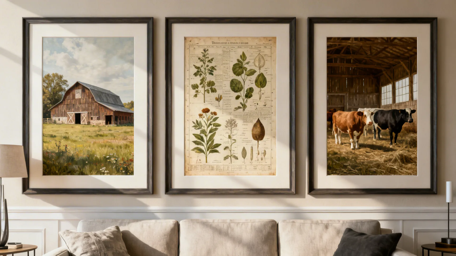 Structured gallery wall with three large farmhouse prints above a sofa with unified frames