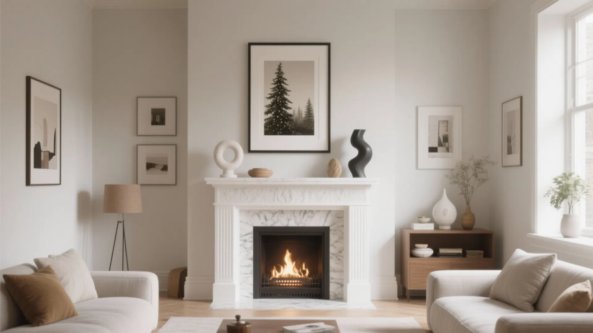 White fireplace styled as a gallery with rotating framed art and sculptural mantel objects.
