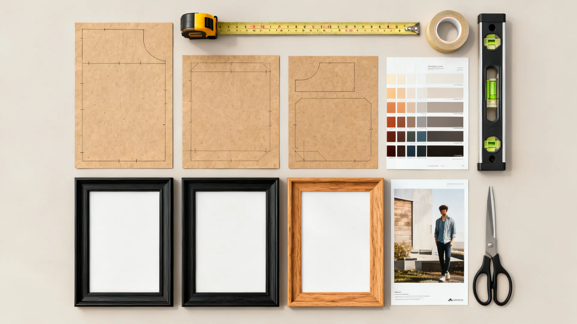Top-down flatlay of tools and frame samples used to plan a gallery wall layout.