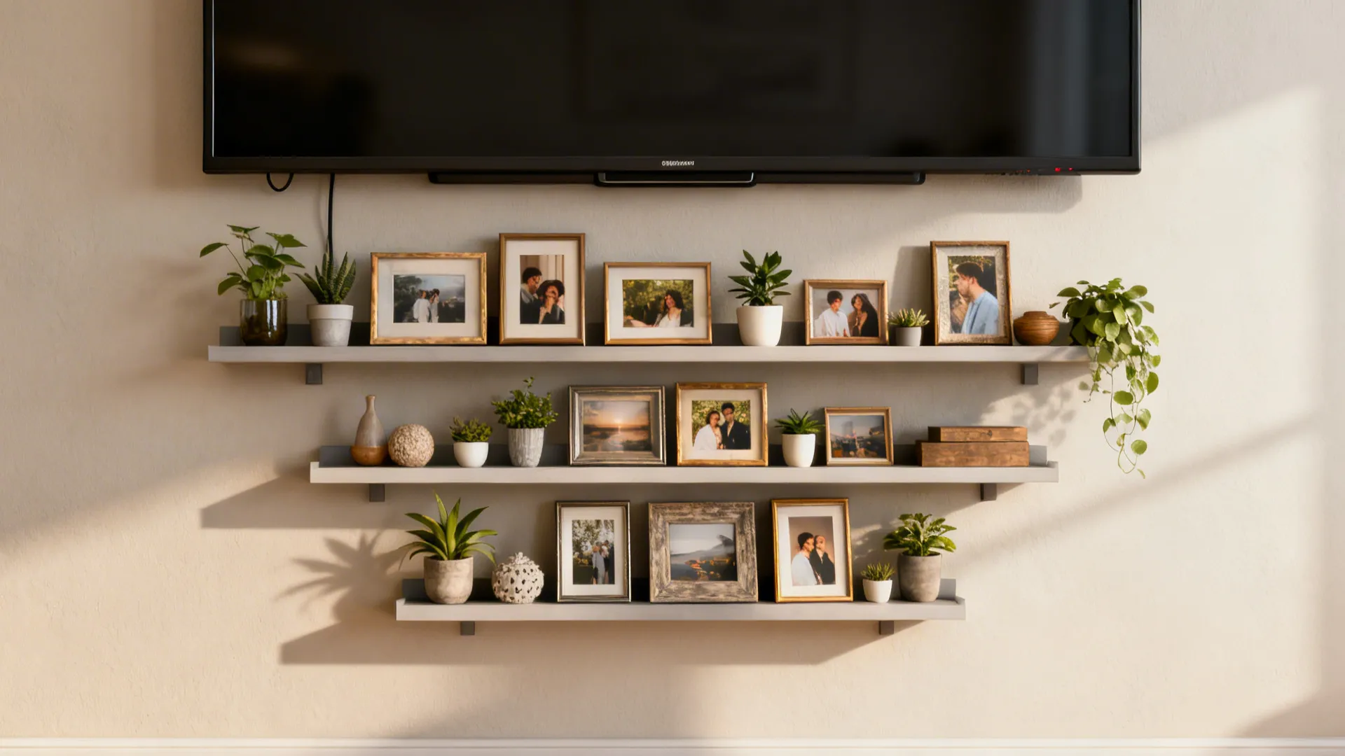 Staggered floating shelves with framed photos and plants under a wall-mounted TV