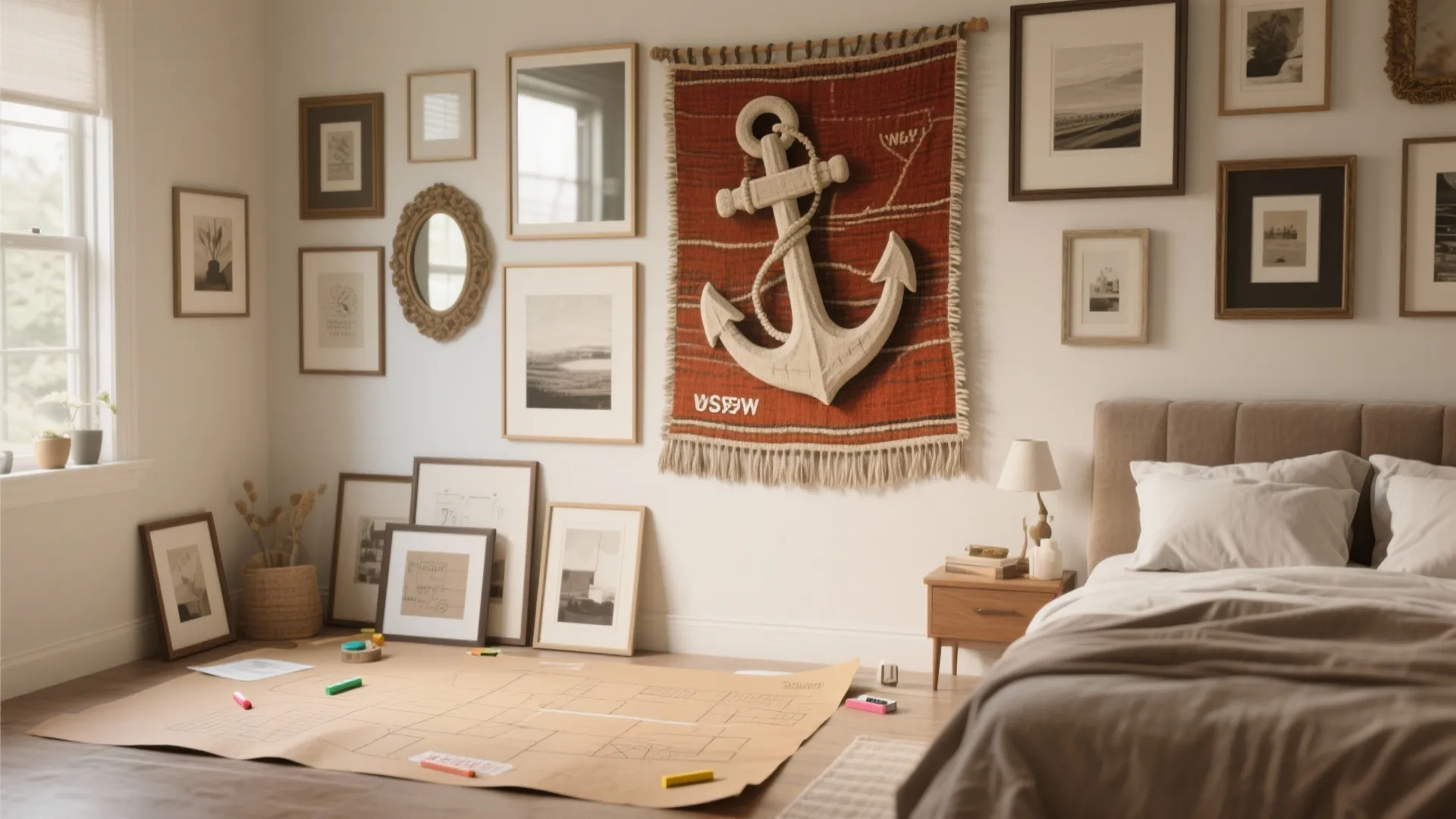 Bedroom wall with picture frames and anchor tapestry above a large interior design drawing paper