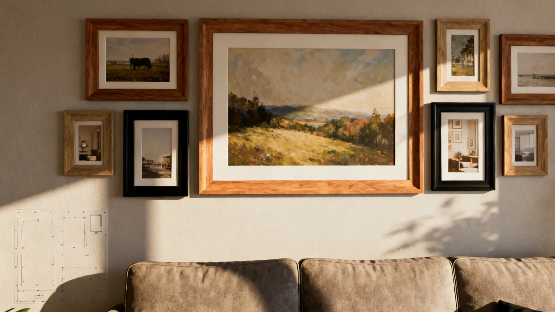 Gallery wall above a sofa with a larger central artwork and smaller surrounding frames, showing scale and arrangement.