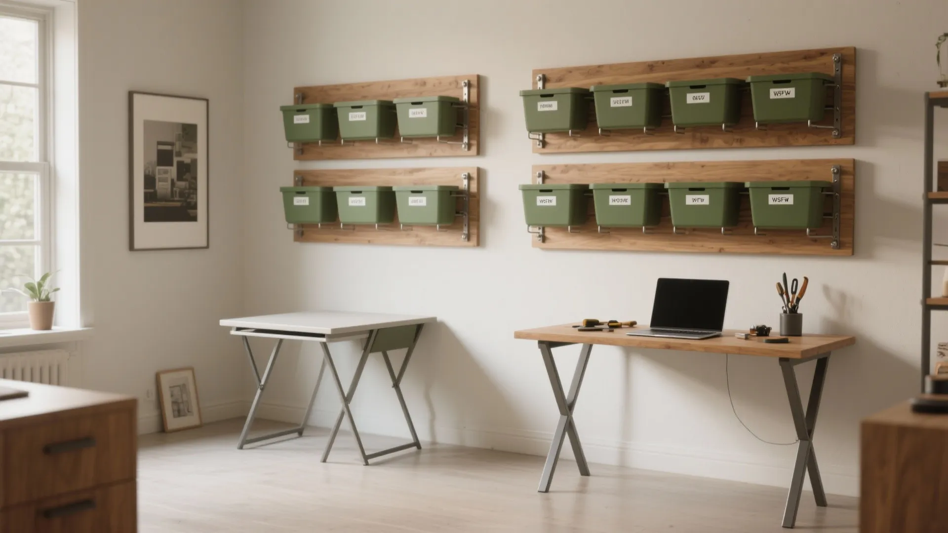 Modern home office with two wooden desks and green storage bins mounted on white walls