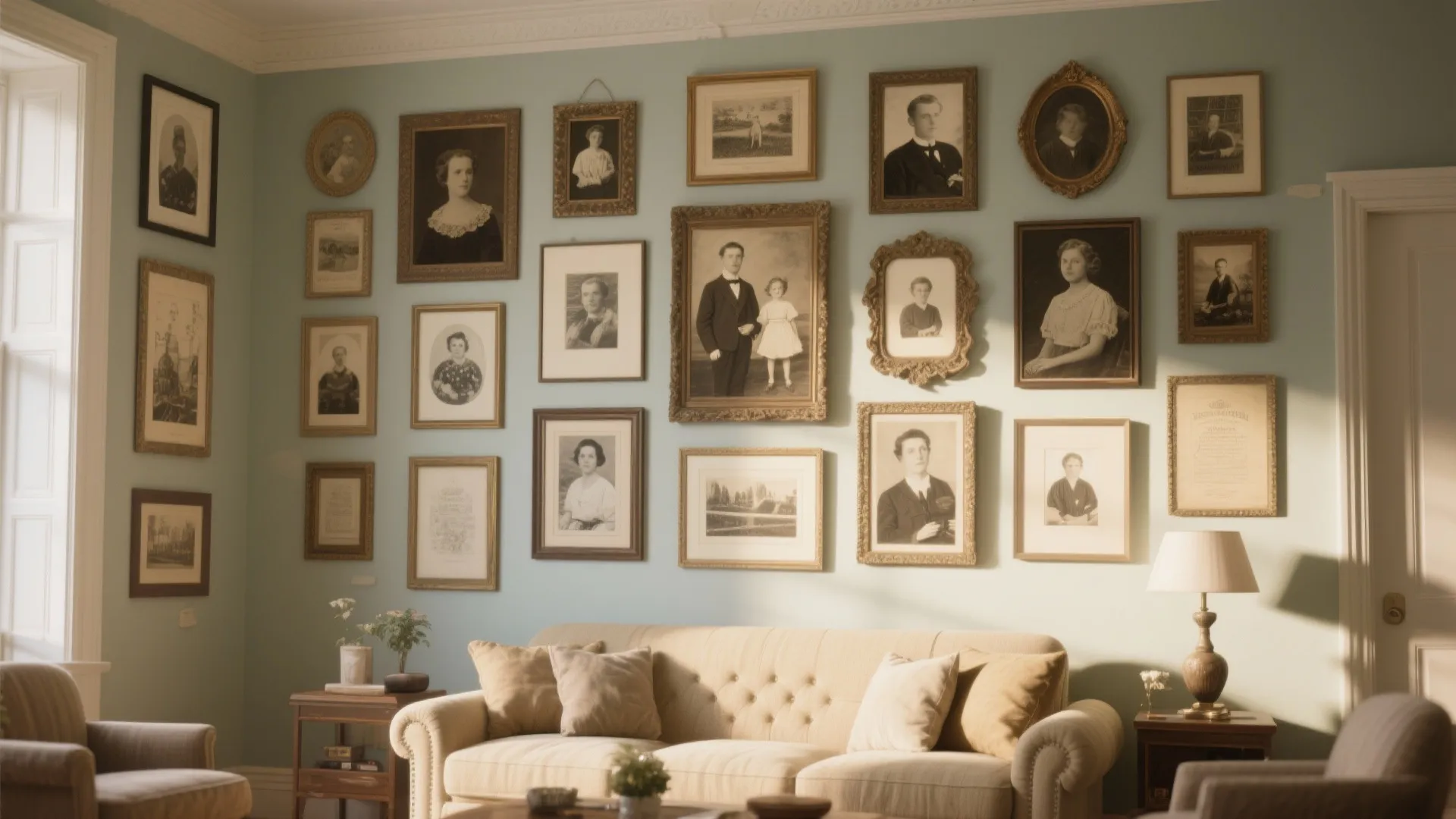 Light blue wall covered in many vintage framed family portraits above a beige comfortable sofa