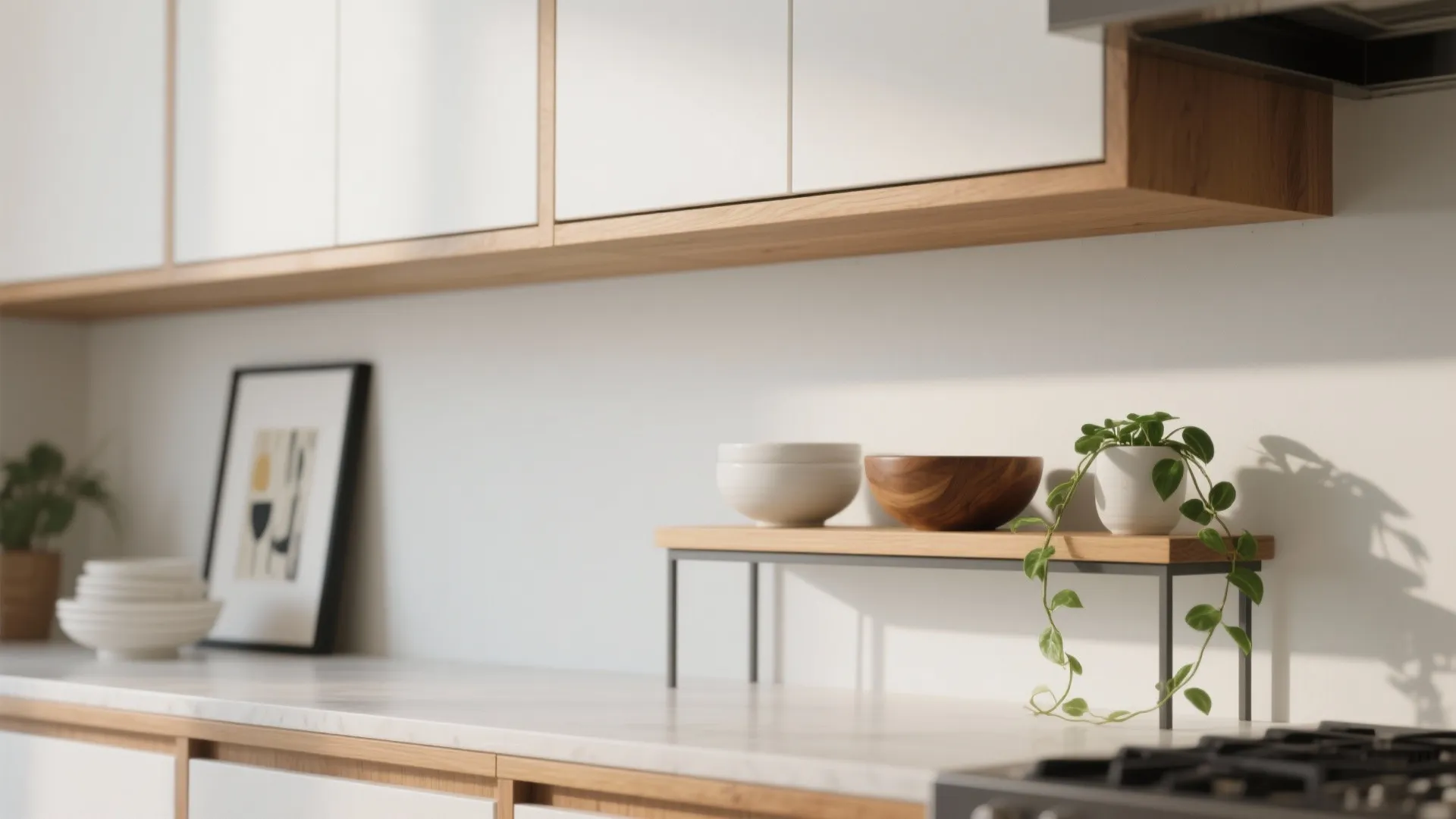 Idea 3: Curated gallery—art, ceramics, and a few trailing greens