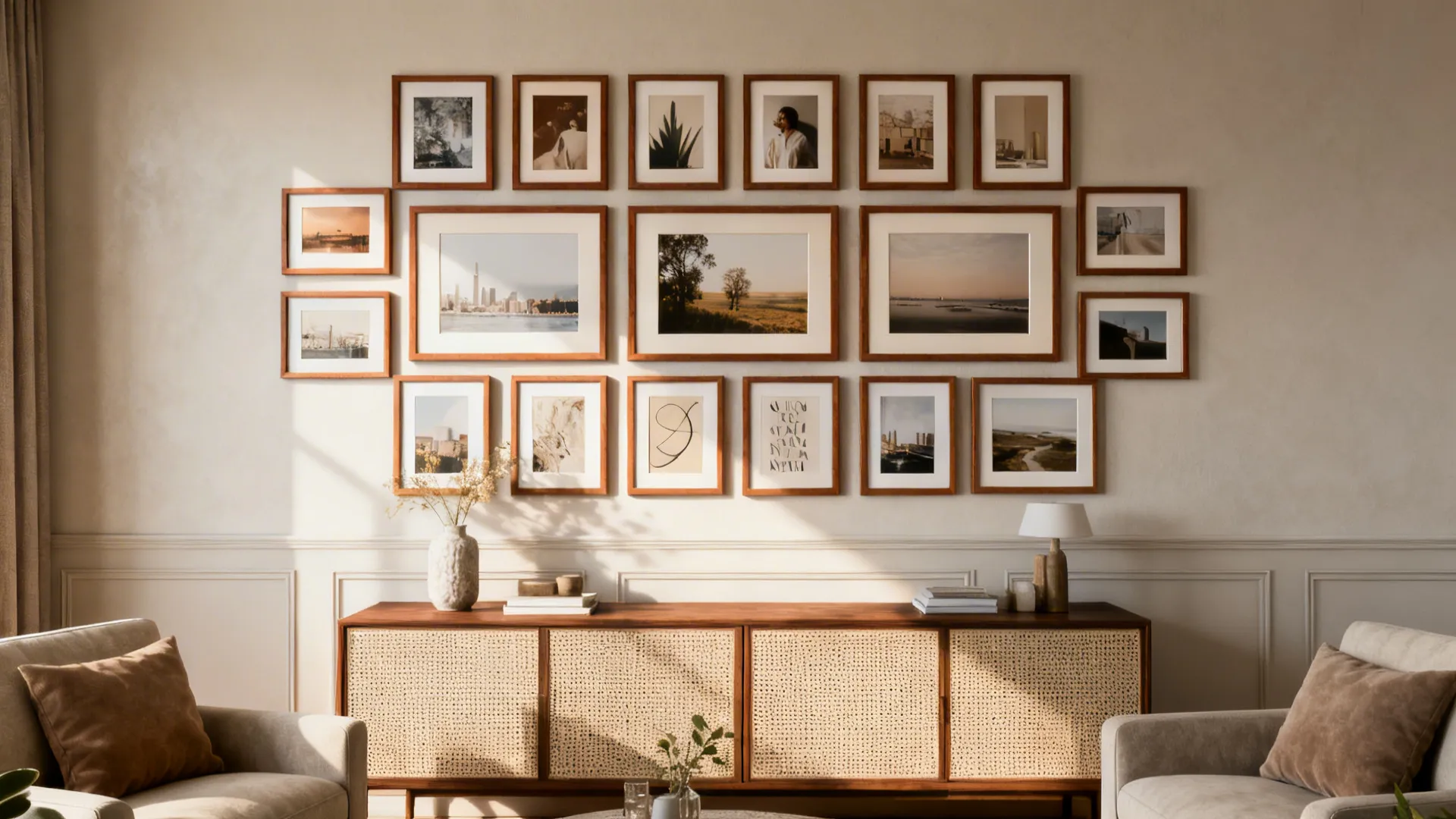 Large gallery-style grid of framed artworks with consistent matting over a sideboard.