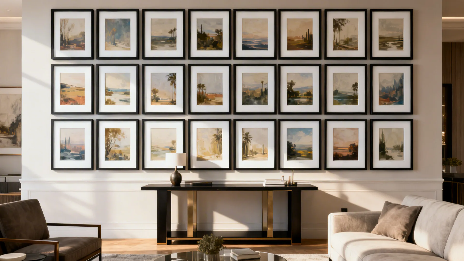 Gallery-style grid of framed artworks with consistent white matting above a console in a living room.