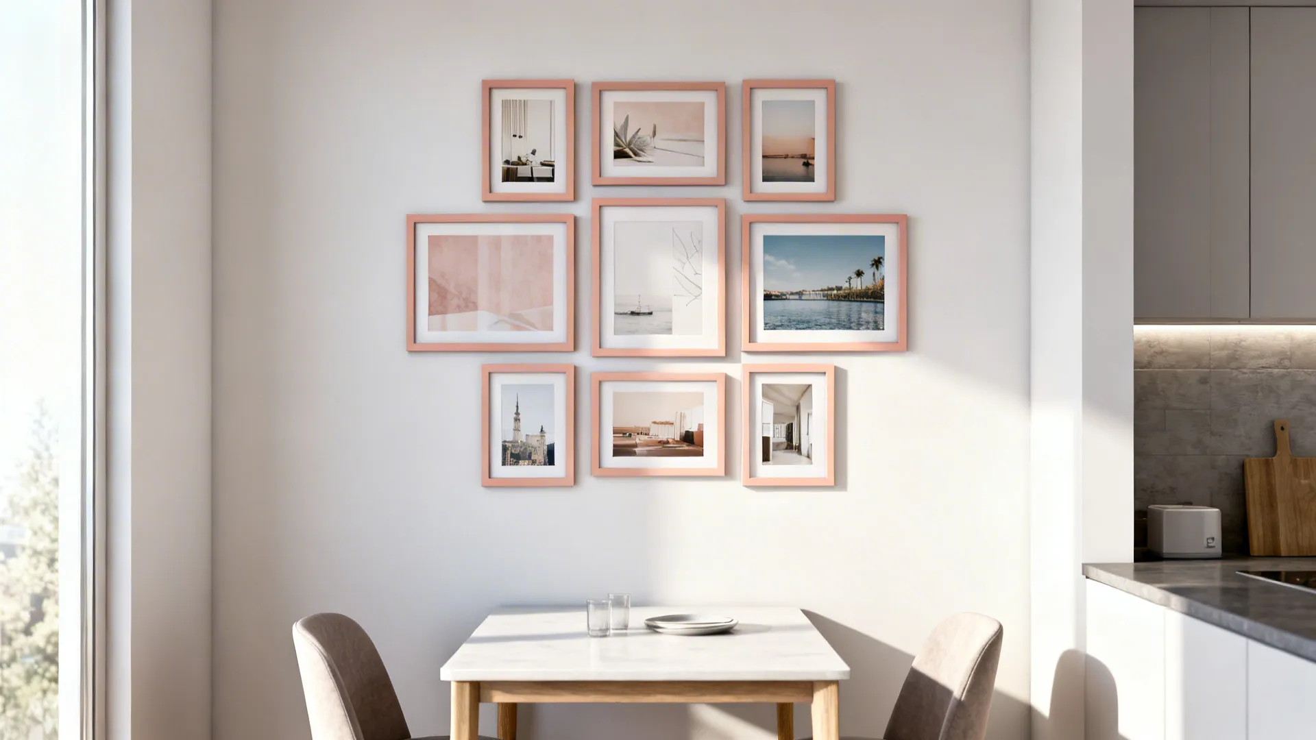 Apartment dining nook with a perfectly aligned gallery grid of matching frames above the table