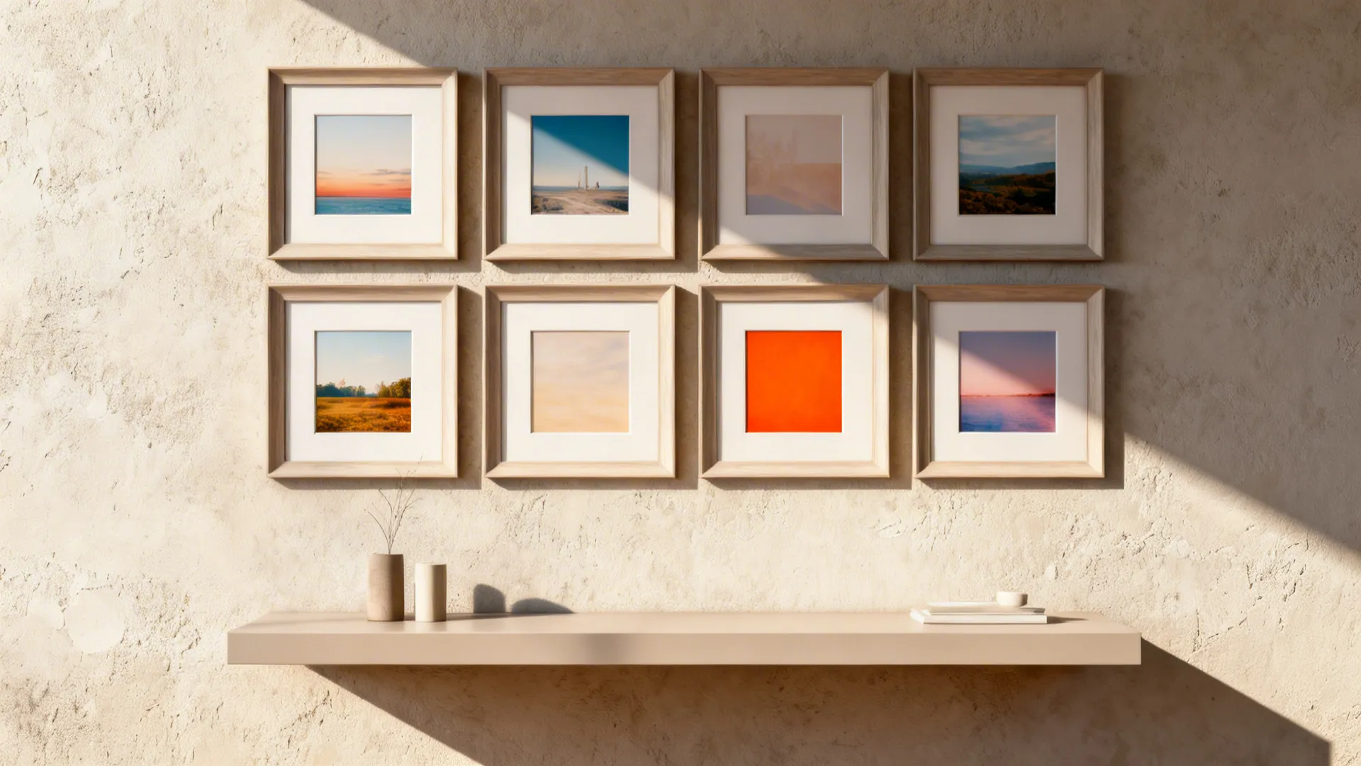 Gallery wall with a consistent grid of matching frames above a minimal console in a small living room.