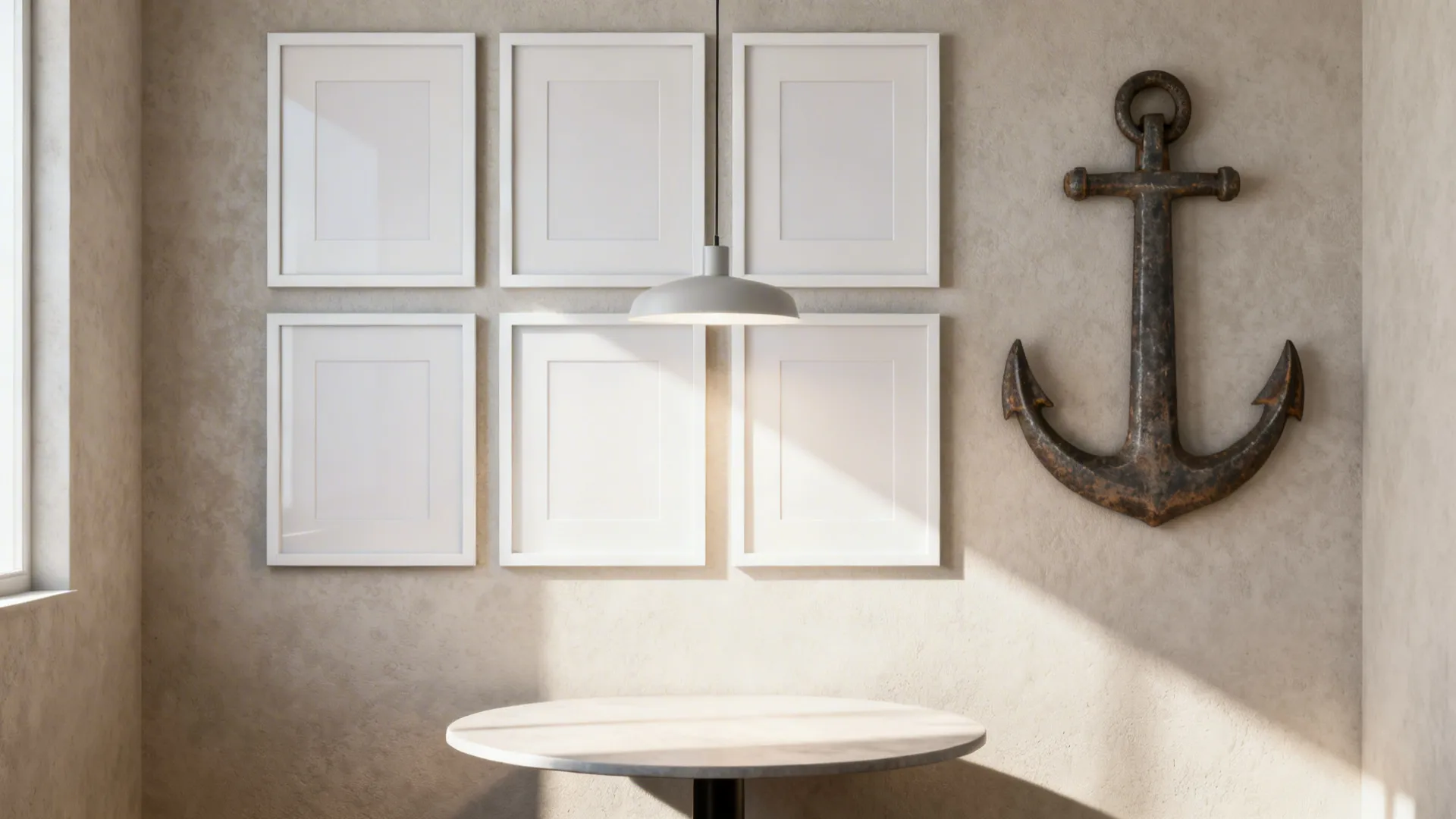 Gallery wall in a small dining nook with identical white frames in a clean grid above a round table.