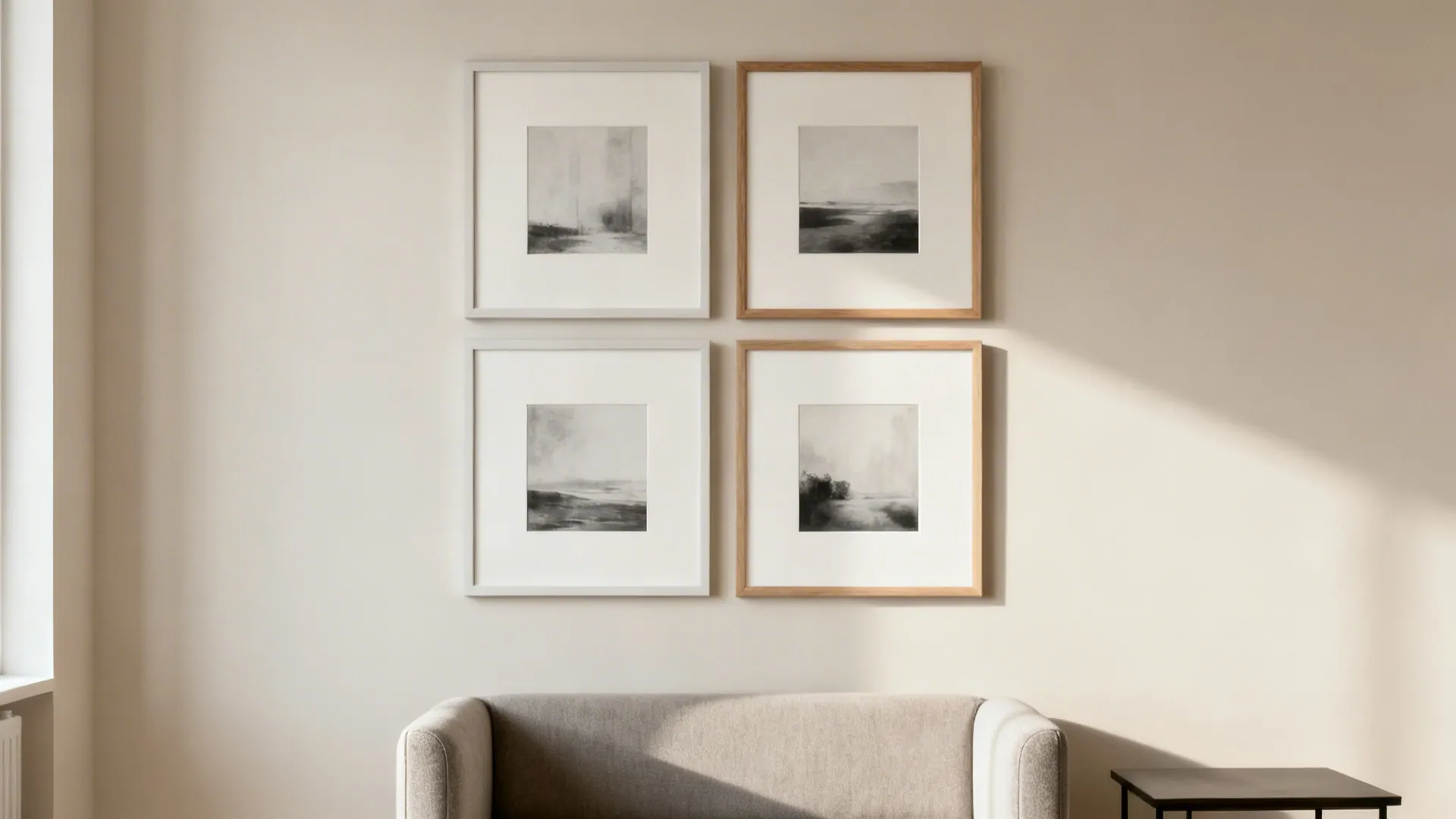 Restrained 2x2 gallery wall with uniform mats and generous spacing.