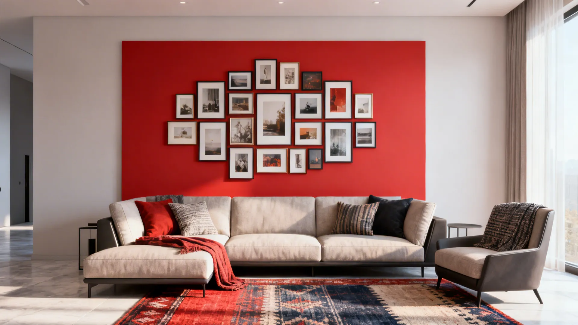 Living room with red wall featuring small picture frames and a large beige fabric sofa