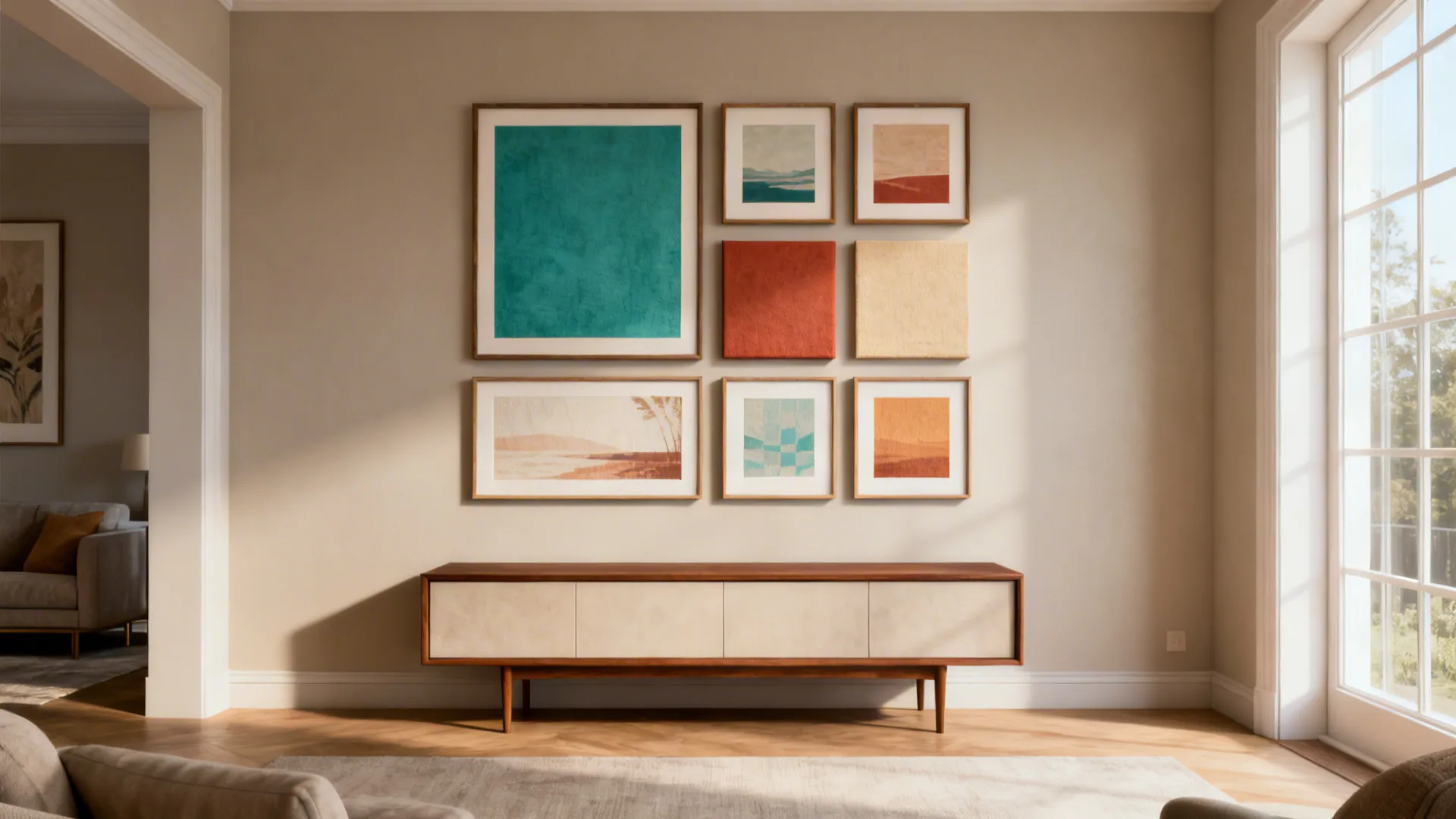 Neatly arranged 3x3 gallery grid of colorful prints with coordinated hues above a console table.