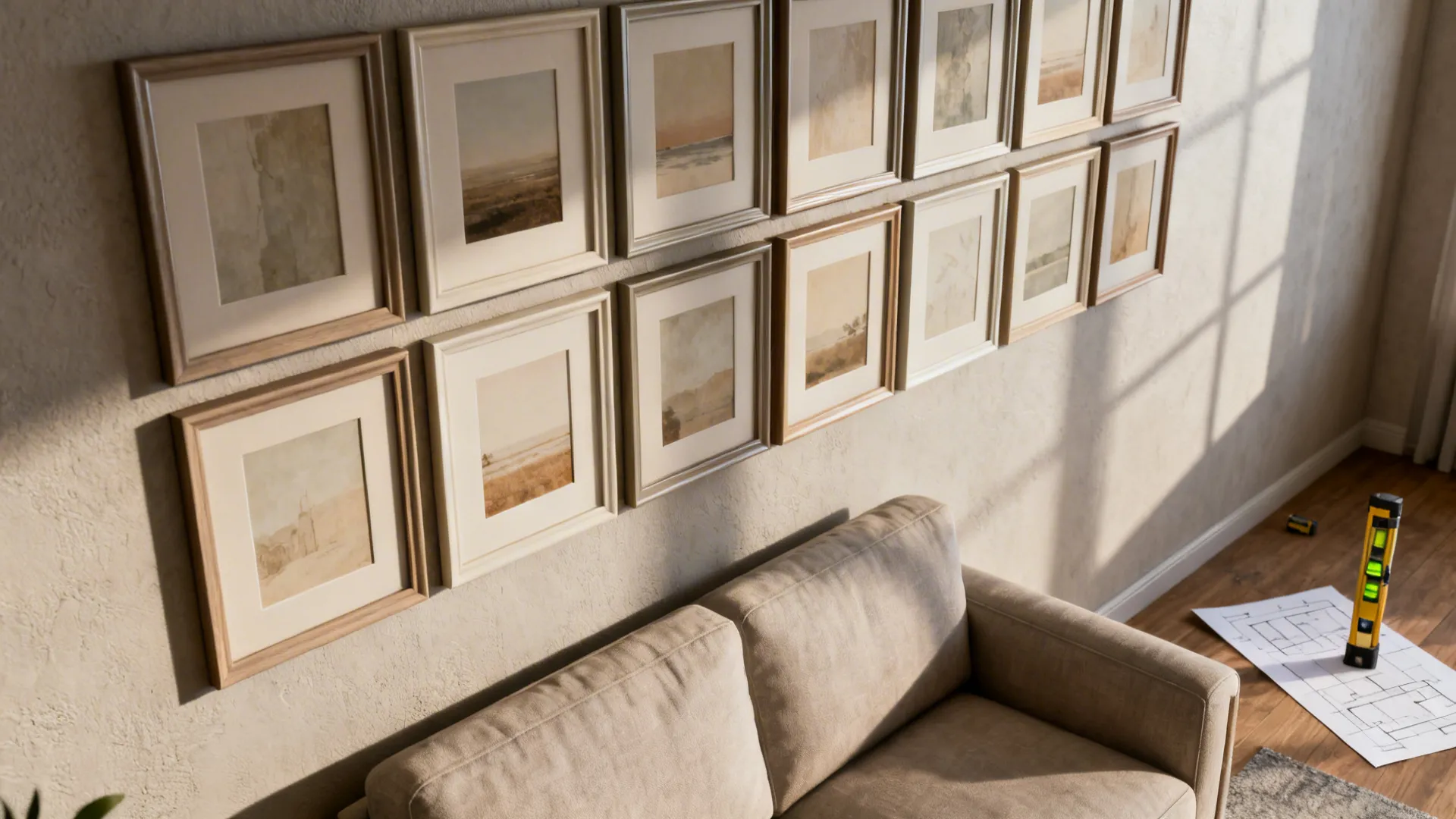Close-up of a cohesive gallery wall grid with consistent frames and paper templates on the floor.