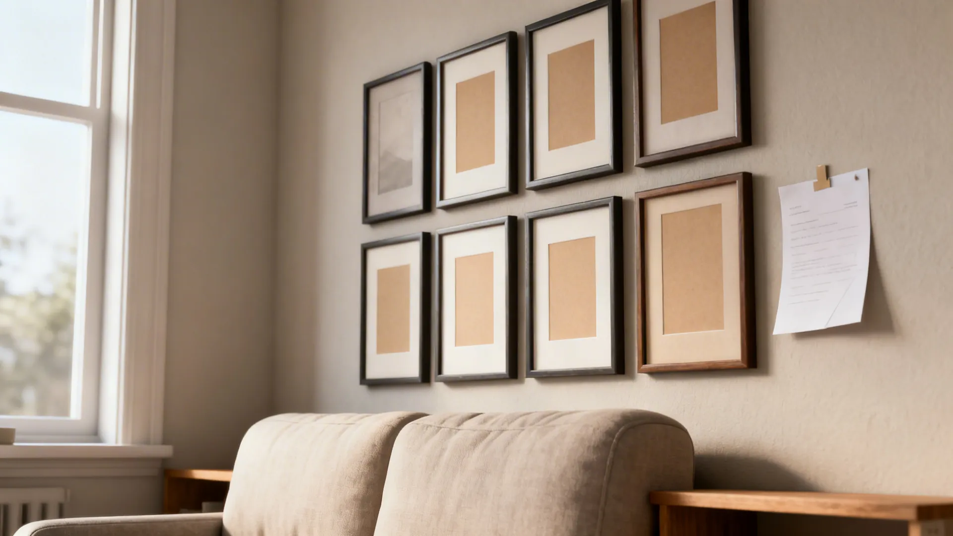 Consistent-grid gallery wall above a small sofa with uniform mats and mixed frame sizes