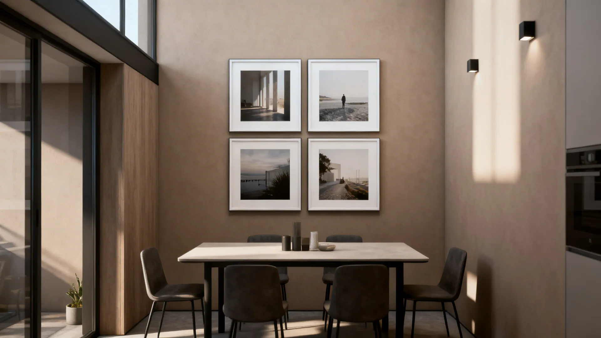 Compact dining area with a 2x2 grid of large framed photos and a simple wooden table