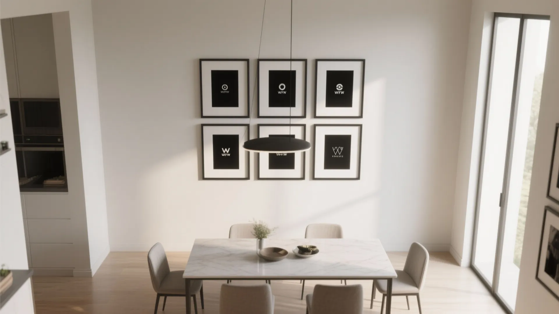 Modern dining room featuring marble table and six black frames arranged in a symmetrical grid