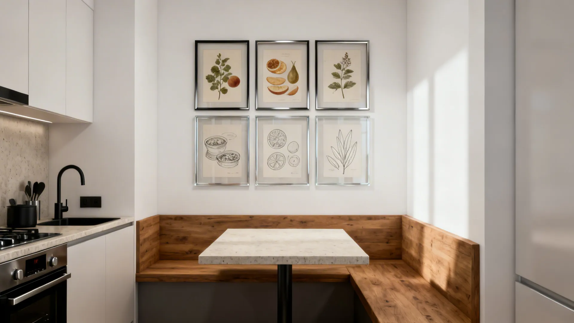 Precise 3x2 gallery grid in slim acrylic-glazed frames above a small kitchen nook.