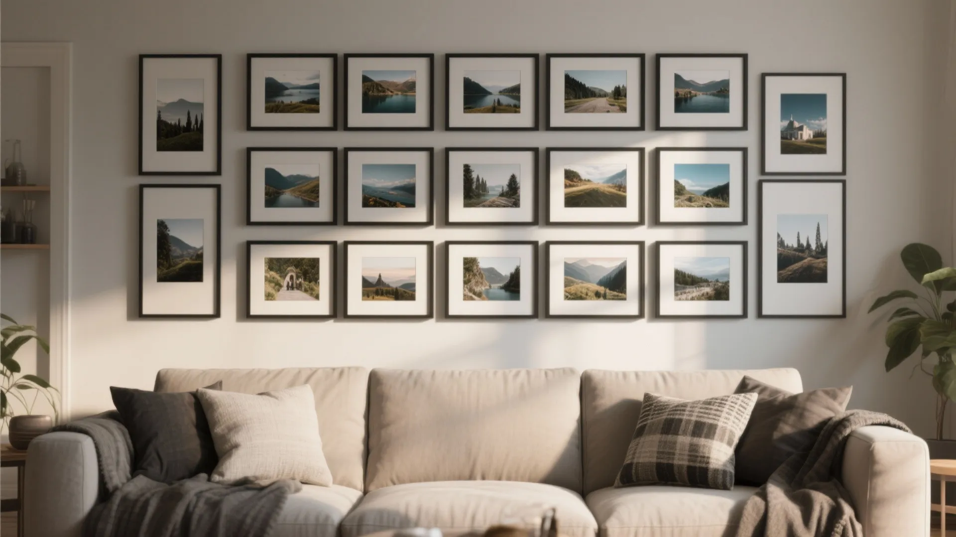 Living room with white sofa and large wall gallery grid of framed nature landscape photos