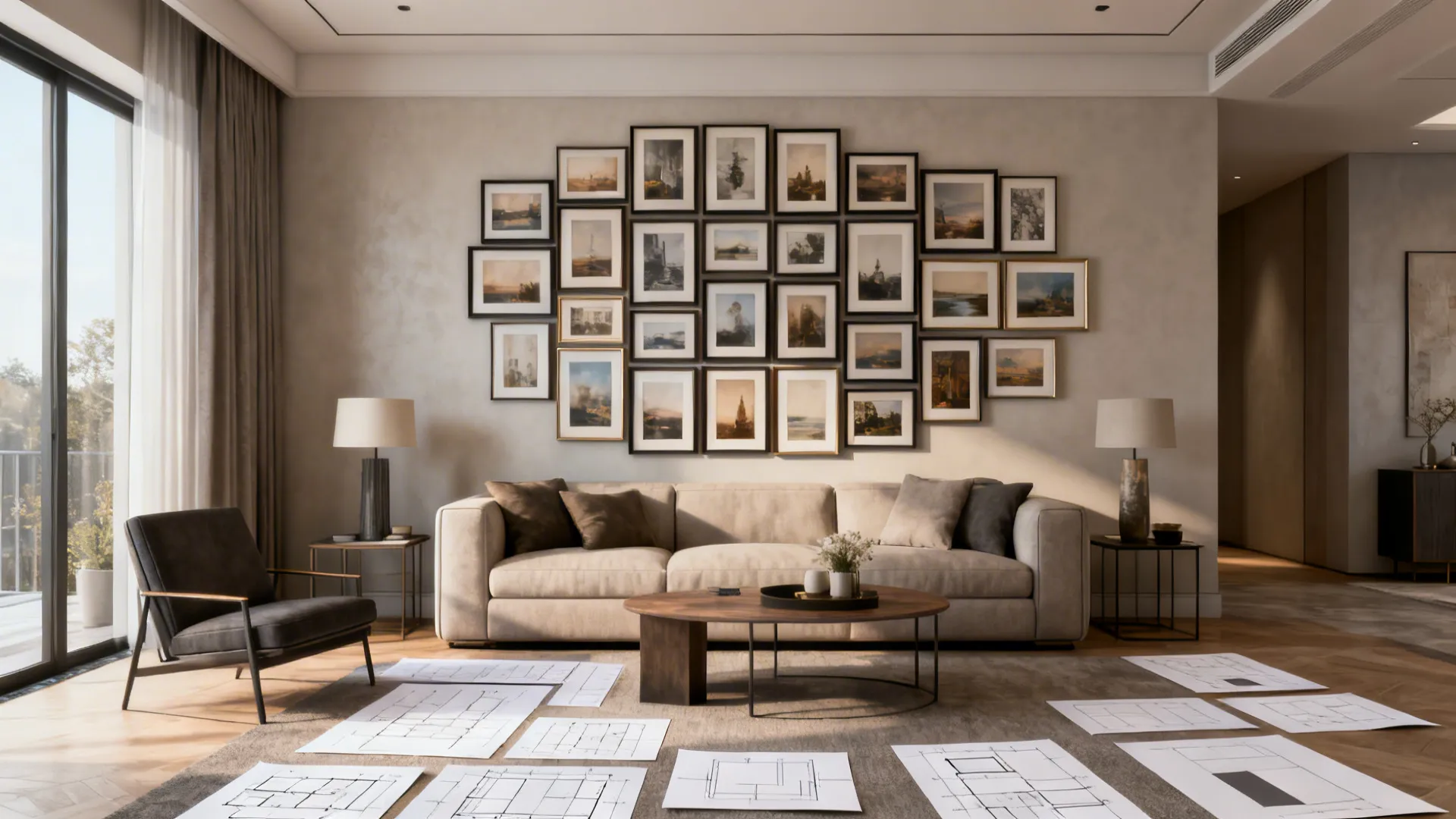 Living room with a tight grid of frames forming a single large composition above a sofa.