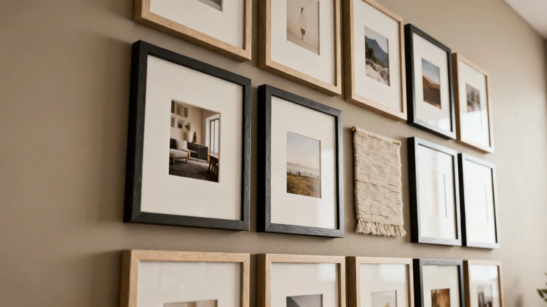Gallery wall featuring a grid of black and light wood frames with small landscape photos