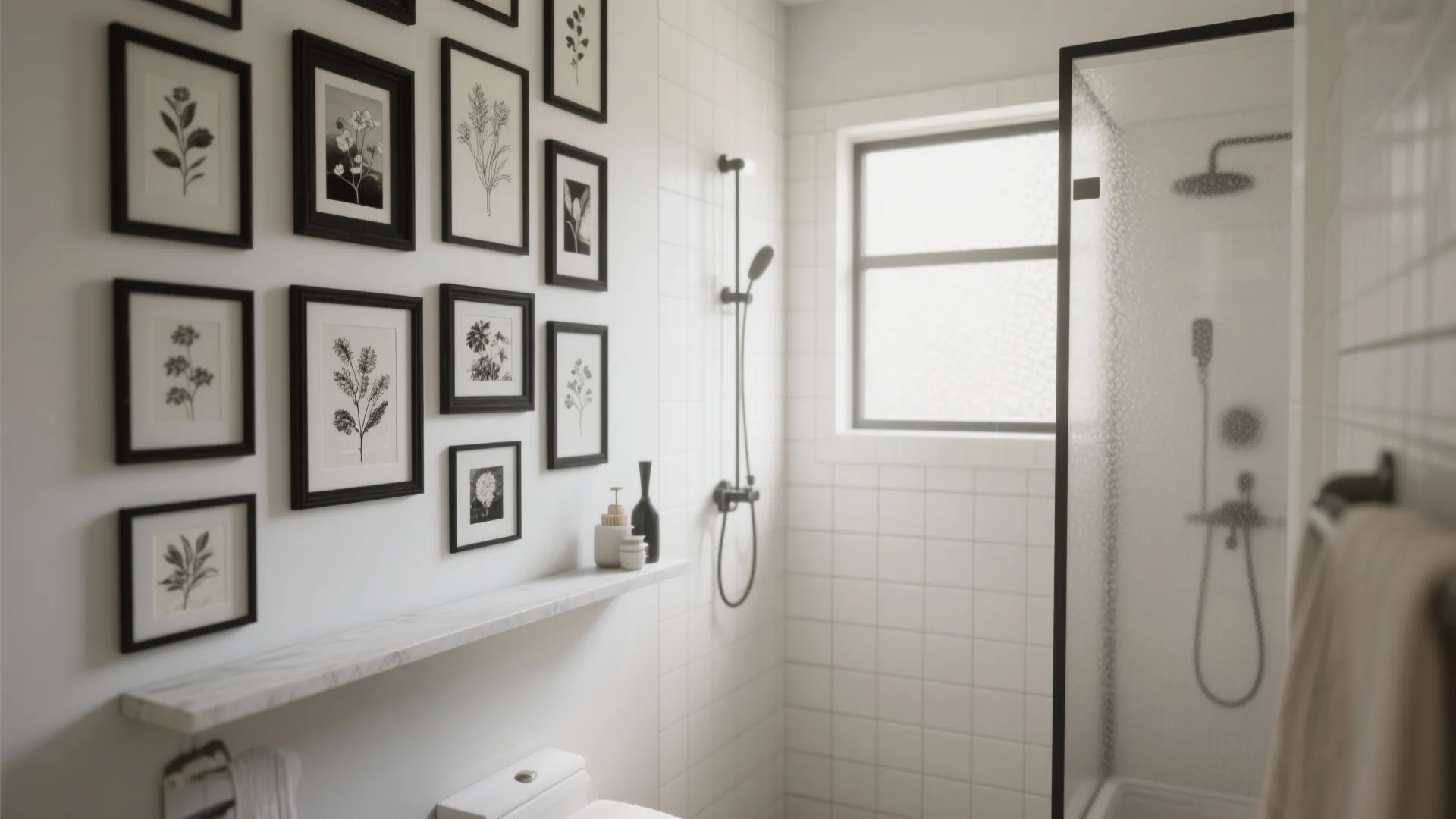 Modern white bathroom wall with black framed art prints above a marble shelf and shower