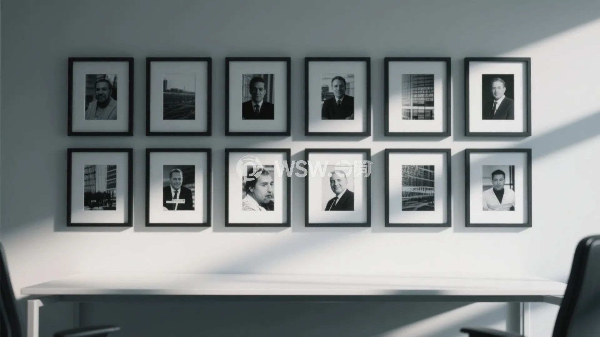 Modern office wall with twelve framed black and white portraits arranged in two neat rows