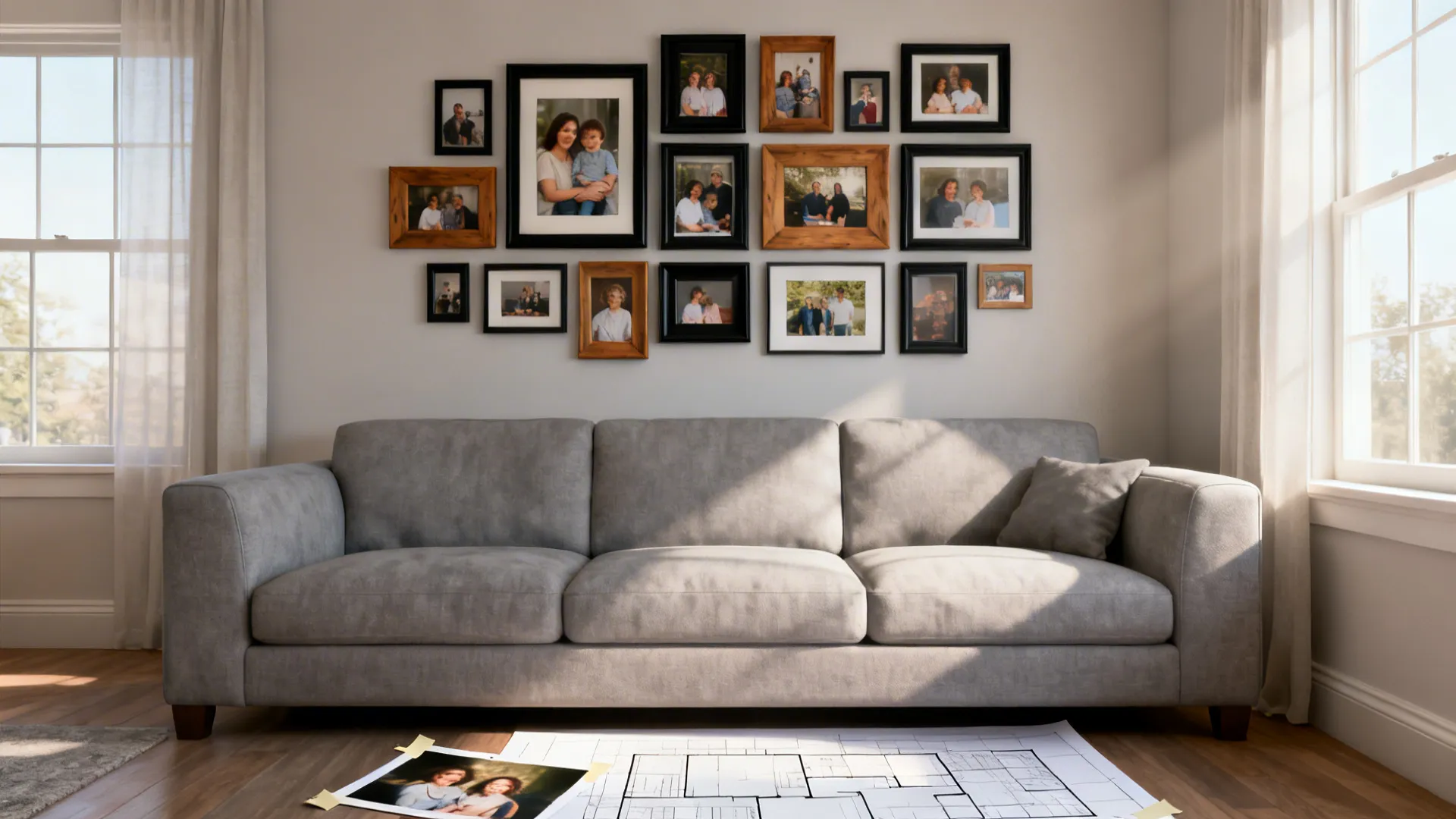 Sofa with a curated gallery grid of mixed frames and prints creating a tidy, personal wall display