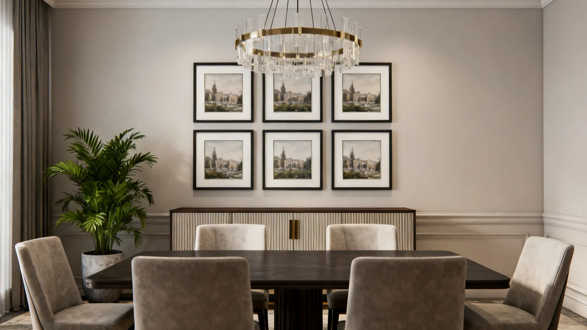 Contemporary dining room with a symmetrical 3x3 gallery grid softened by a pendant light and plants.